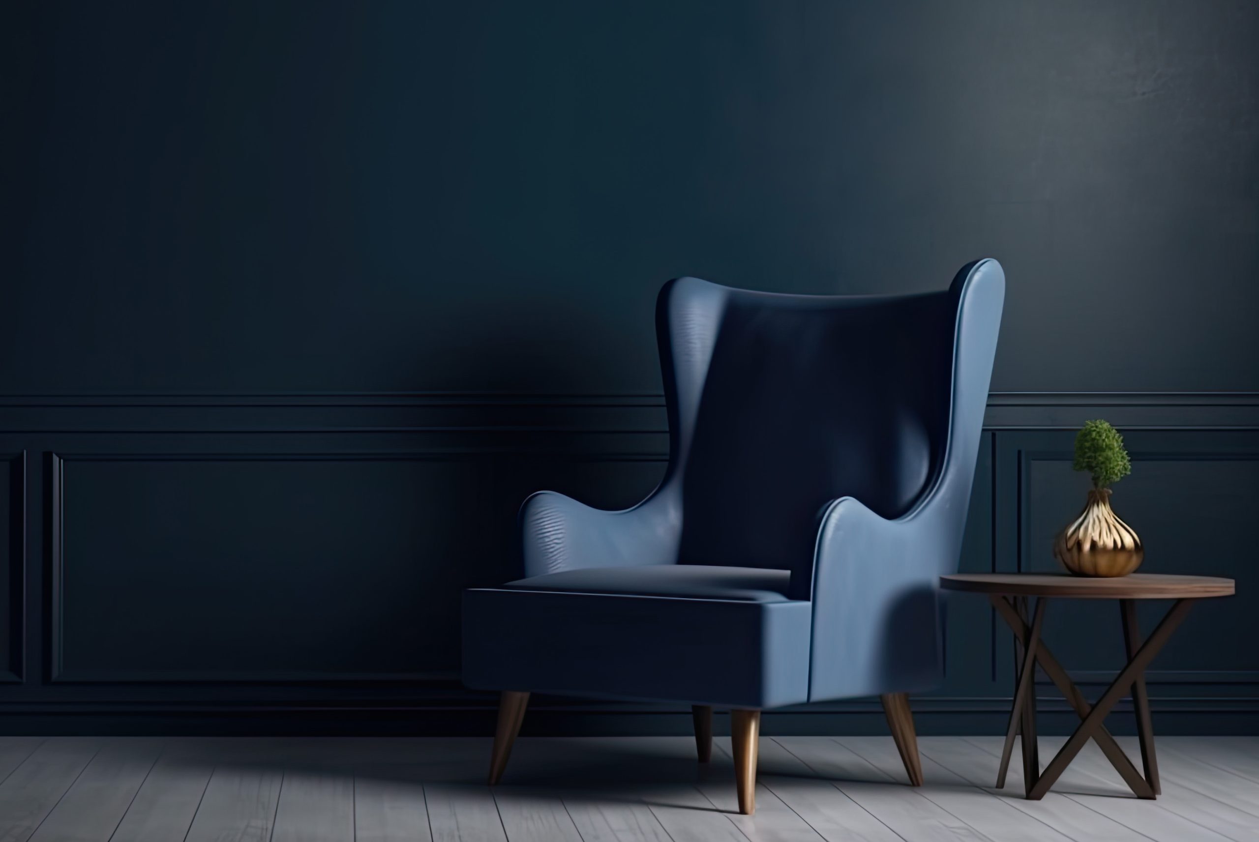 Blue armchair against blue wall in living room interior. Elegant interior design with copy space.