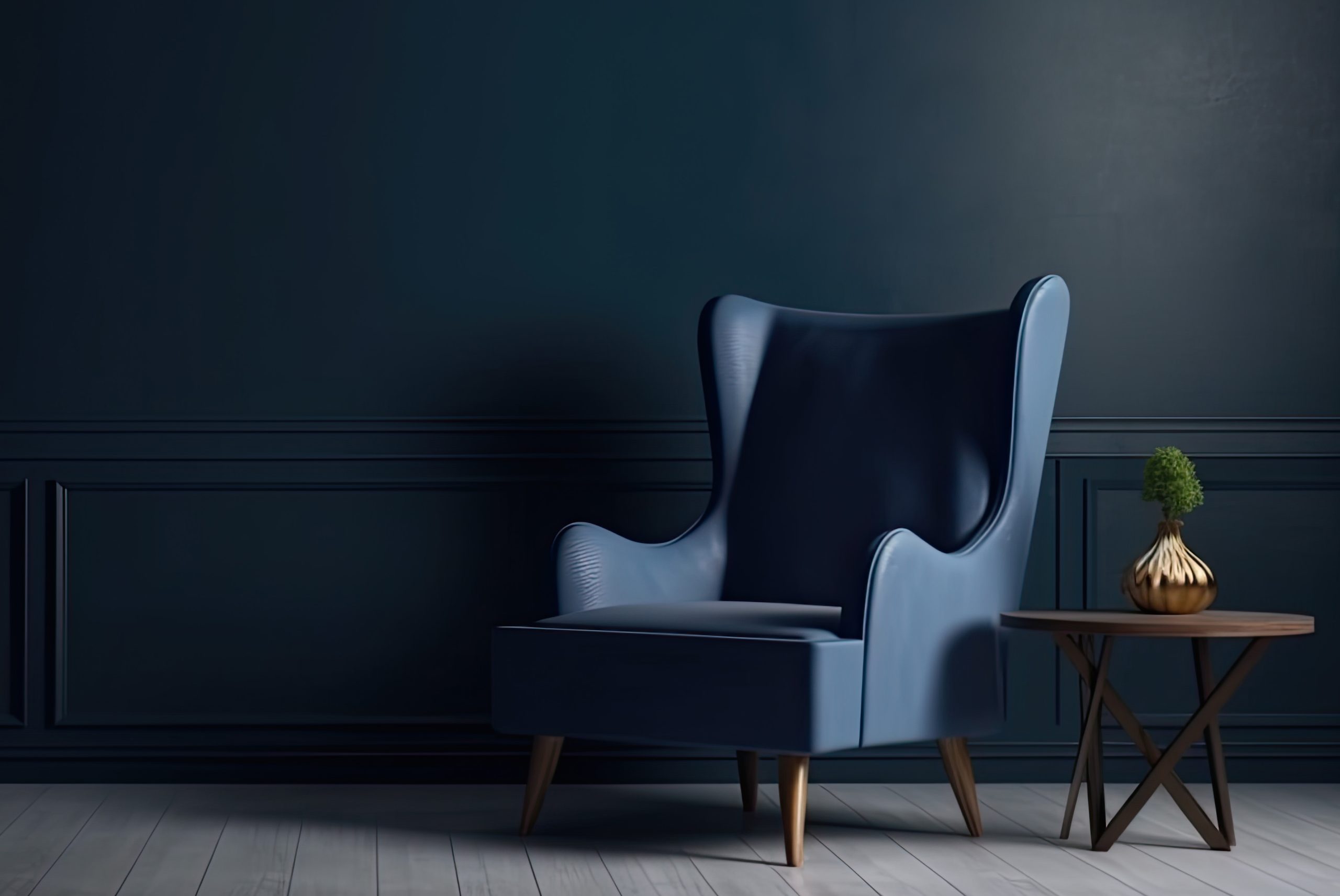 Blue armchair against blue wall in living room interior. Elegant Blue armchair against blue wall in living room interior. Elegant interior design with copy space.